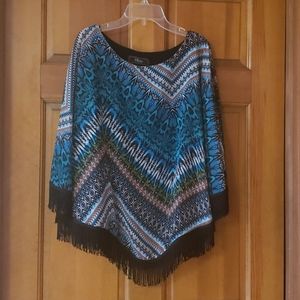 Status Poncho/Top Lined Small Fringed Blue/Black Women's EUC